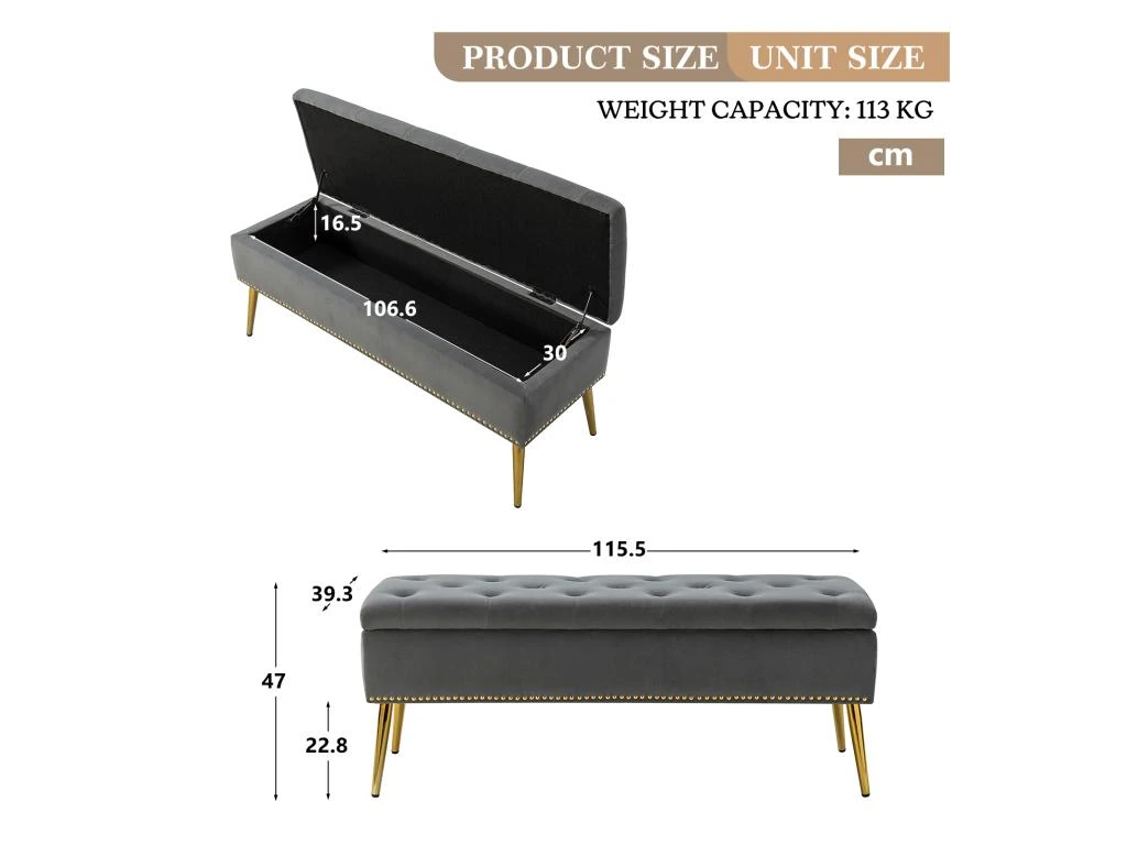 Banc De Rangement Moderne En Velours Avec Base Dorée Et Garniture Cloutée, Banc De Chambre Rembourré Pour Bout De Lit, Repose-Pieds Capitonné Pour Entrée, Salon, Salle à Manger, Gris 7 Banc De Rangement Moderne En Velours Avec Base Dorée Et Garniture Cloutée, Banc De Chambre Rembourré Pour Bout De Lit, Repose-Pieds Capitonné Pour Entrée, Salon, Salle à Manger, Gris – Image 5