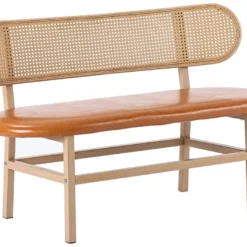 Chaise Double Avec Pieds En Métal - Dossier En Rotin - Coussin En Cuir - Marron