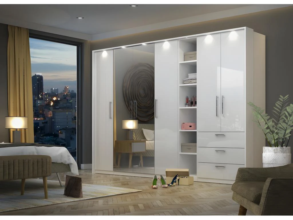 Dressing Complet Collection MODULO Coloris Blanc Avec LED, Joues De Finitions Et Packs étagères Inclus. 3 Dressing Complet Collection MODULO Coloris Blanc Avec LED, Joues De Finitions Et Packs étagères Inclus.