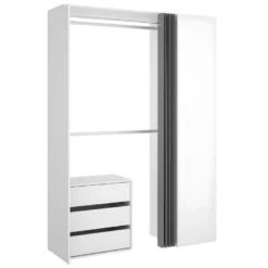 Armoire Dressing En Panneaux De Particules Mélaminés Coloris Blanc Avec Porte Et Rideau - Longueur 140.8 X Profondeur 52 X Hauteur 205 Cm