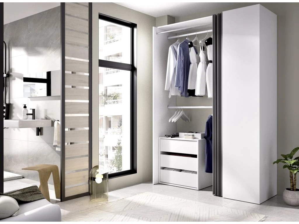 Armoire Dressing En Panneaux De Particules Mélaminés Coloris Blanc Avec Porte Et Rideau - Longueur 140.8 X Profondeur 52 X Hauteur 205 Cm 7 Armoire Dressing En Panneaux De Particules Mélaminés Coloris Blanc Avec Porte Et Rideau - Longueur 140.8 X Profondeur 52 X Hauteur 205 Cm – Image 5