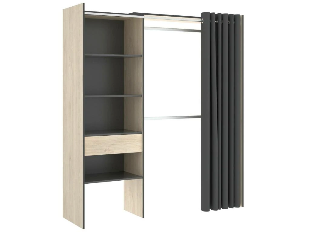 Armoire Dober, Structure Pour Dressing Avec Rideau, Portemanteau Ouvert, 160x50h205 Cm, Chêne Et Anthracite 3 Armoire Dober, Structure Pour Dressing Avec Rideau, Portemanteau Ouvert, 160x50h205 Cm, Chêne Et Anthracite