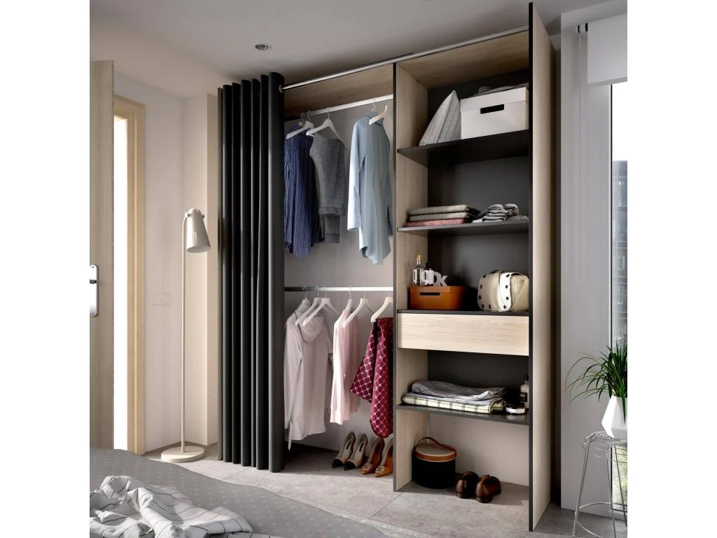 Armoire Dober, Structure Pour Dressing Avec Rideau, Portemanteau Ouvert, 160x50h205 Cm, Chêne Et Anthracite 6 Armoire Dober, Structure Pour Dressing Avec Rideau, Portemanteau Ouvert, 160x50h205 Cm, Chêne Et Anthracite – Image 4