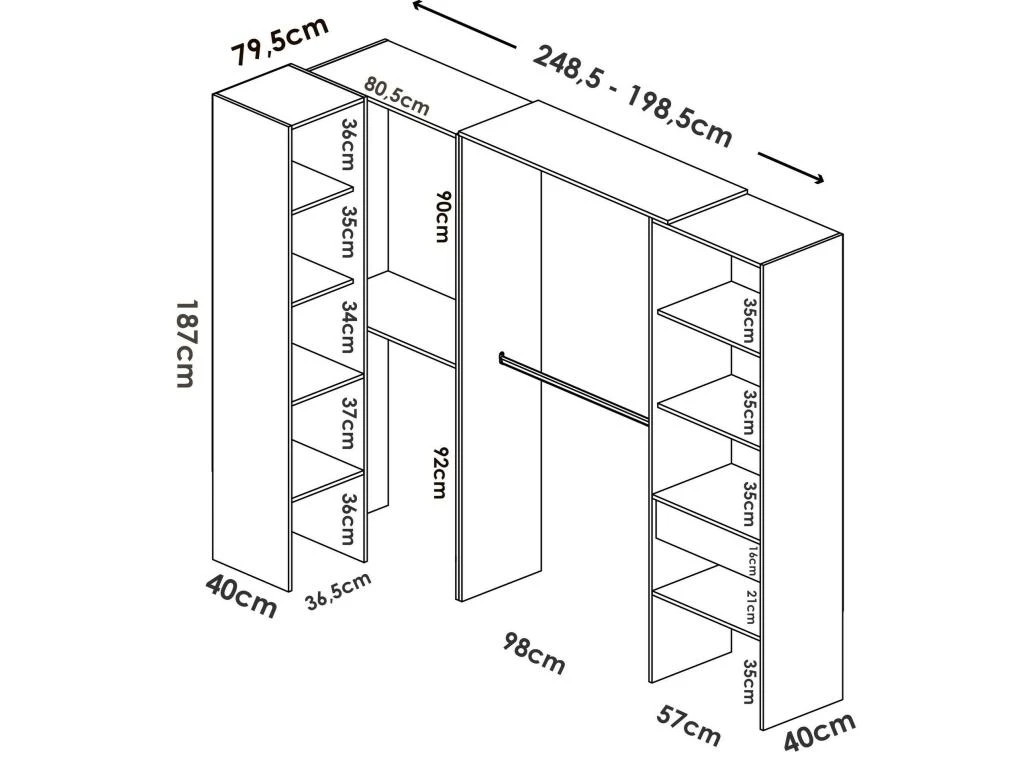 Armoire Dacasuz, Structure Pour Dressing D'angle, Porte-manteau D'angle Ouvert, 248x79h187 Cm, Chêne 5 Armoire Dacasuz, Structure Pour Dressing D'angle, Porte-manteau D'angle Ouvert, 248x79h187 Cm, Chêne – Image 3
