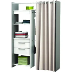 Dressing Ouvert Avec Rideau Et étagères Blanc Et Gris Graphite, 112 X 209 X 50 Cm