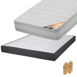 TAHITI - Pack Matelas 140x190 + Sommier Tapissier Démontable 2x20 Lattes Anthracites + Pieds Bois 15cm