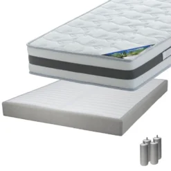 SEYCHELLES - Pack Matelas 140x190 + Sommier Tapissier Démontable 2x20 Lattes Lin + Pieds Argent 15cm