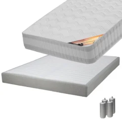 TAHITI - Pack Matelas 140x190 + Sommier Tapissier Démontable 2x20 Lattes Lin + Pieds Argent 15cm