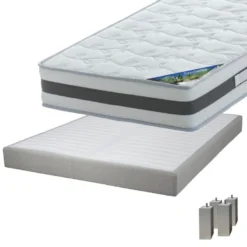 SEYCHELLES - Pack Matelas 140x190 + Sommier Tapissier Démontable 2x20 Lattes Lin + Pieds Carrés Argent 15cm