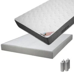 BERMUDES - Pack Matelas 140x190 + Sommier Tapissier Démontable 2x20 Lattes Lin + Pieds Argent 15cm