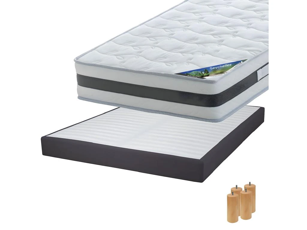 SEYCHELLES - Pack Matelas 140x190 + Sommier Tapissier Démontable 2x20 Lattes Anthracites + Pieds Bois 15cm 3 SEYCHELLES - Pack Matelas 140x190 + Sommier Tapissier Démontable 2x20 Lattes Anthracites + Pieds Bois 15cm