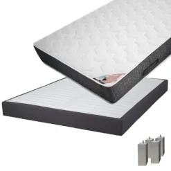 BERMUDES - Pack Matelas 140x190 + Sommier Tapissier Démontable 2x20 Lattes Anthracites + Pieds Carrés Argent 15cm