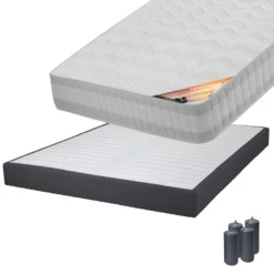 TAHITI - Pack Matelas 140x190 + Sommier Tapissier Démontable 2x20 Lattes Anthracites + Pieds Anthracites 15cm