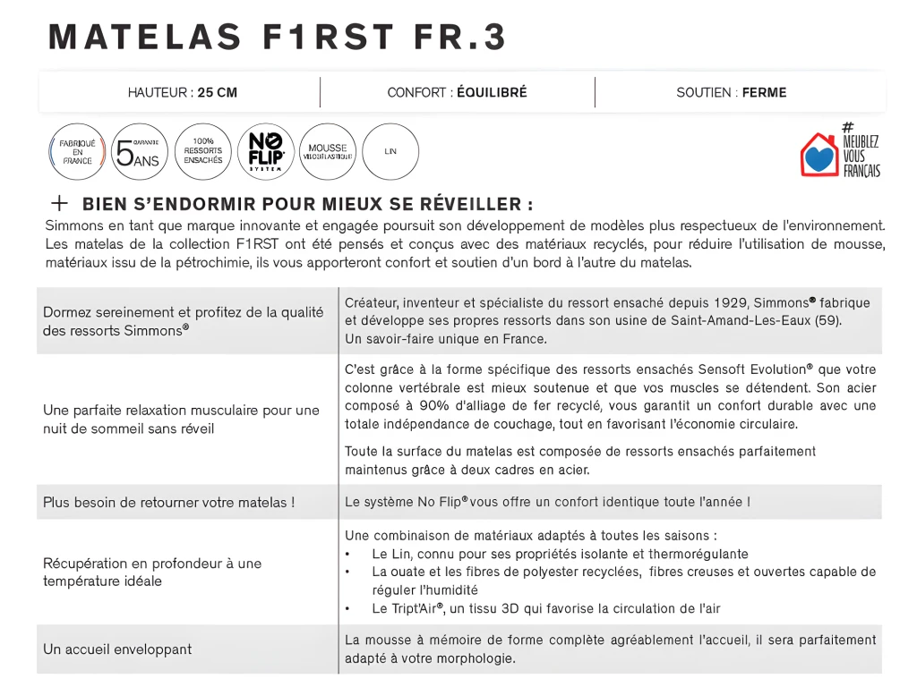 Matelas Simmons First FR.3 - 630 Ressorts Ensachés SenSoft Evolution 140x190 5 Matelas Simmons First FR.3 - 630 Ressorts Ensachés SenSoft Evolution 140x190 – Image 3