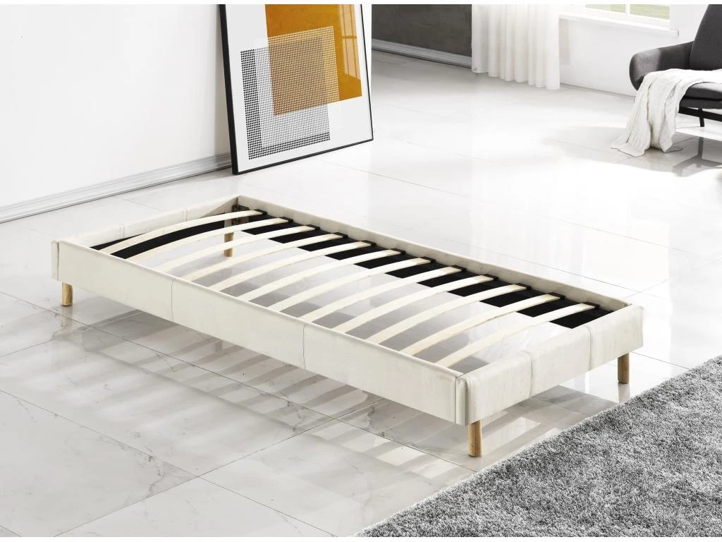 Sommier Dimension 90x190 Cm, Revêtement En Tissu Blanc, Pieds En Bois 4 Sommier Dimension 90x190 Cm, Revêtement En Tissu Blanc, Pieds En Bois – Image 2