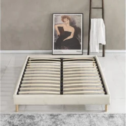 Sommier Dimension 160x200 Cm, Revêtement En Tissu Blanc, Pieds En Bois -Sominova Soldes Boutique sommier 9276765