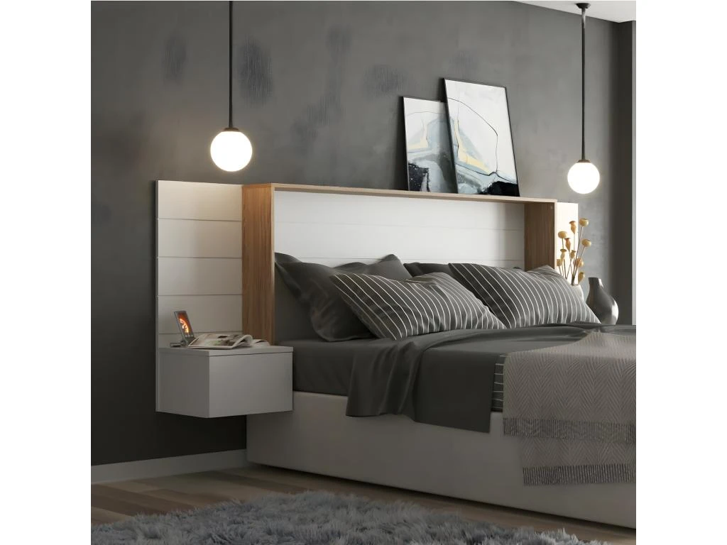 Tête De Lit Avec Chevets Faro Blanc Et Bois 160 Cm 4 Tête De Lit Avec Chevets Faro Blanc Et Bois 160 Cm – Image 2