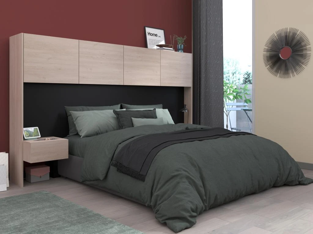 Pont De Lit Avec Rangements Et Chevets - L245 Cm - Coloris : Naturel Et Noir - AMBRILA 3 Pont De Lit Avec Rangements Et Chevets - L245 Cm - Coloris : Naturel Et Noir - AMBRILA