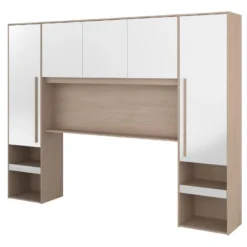 Pont De Lit Avec Rangements - Avec LEDs - L265 Cm - Coloris : Blanc Brillant Et Naturel - VELONA -Sominova Soldes Boutique tete de lit et pont de lit 17473545