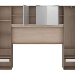 Pont De Lit Avec Rangements - Avec LEDs - L265 Cm - Coloris : Blanc Brillant Et Naturel - VELONA -Sominova Soldes Boutique tete de lit et pont de lit 17473581