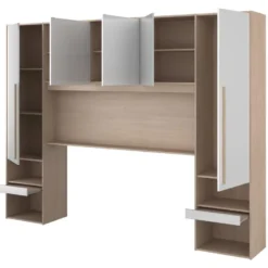 Pont De Lit Avec Rangements - Avec LEDs - L265 Cm - Coloris : Blanc Brillant Et Naturel - VELONA -Sominova Soldes Boutique tete de lit et pont de lit 17473583