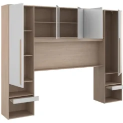 Pont De Lit Avec Rangements - Avec LEDs - L265 Cm - Coloris : Blanc Brillant Et Naturel - VELONA -Sominova Soldes Boutique tete de lit et pont de lit 17473585