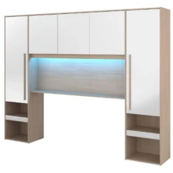 Pont De Lit Avec Rangements - Avec LEDs - L265 Cm - Coloris : Blanc Brillant Et Naturel - VELONA -Sominova Soldes Boutique tete de lit et pont de lit 17473607
