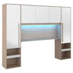 Pont De Lit Avec Rangements - Avec LEDs - L265 Cm - Coloris : Blanc Brillant Et Naturel - VELONA -Sominova Soldes Boutique tete de lit et pont de lit 17473609