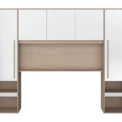 Pont De Lit Avec Rangements - Avec LEDs - L265 Cm - Coloris : Blanc Brillant Et Naturel - VELONA -Sominova Soldes Boutique tete de lit et pont de lit 17473611