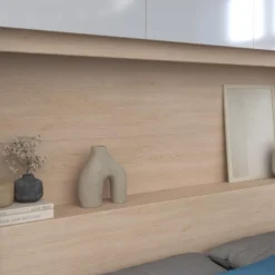 Pont De Lit Avec Rangements - Avec LEDs - L265 Cm - Coloris : Blanc Brillant Et Naturel - VELONA -Sominova Soldes Boutique tete de lit et pont de lit 18459275