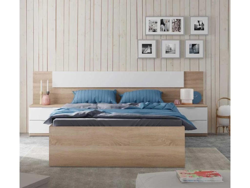 Tête De Lit Avec Chevets Chêne Et Blanc - NEEN 3 Tête De Lit Avec Chevets Chêne Et Blanc - NEEN