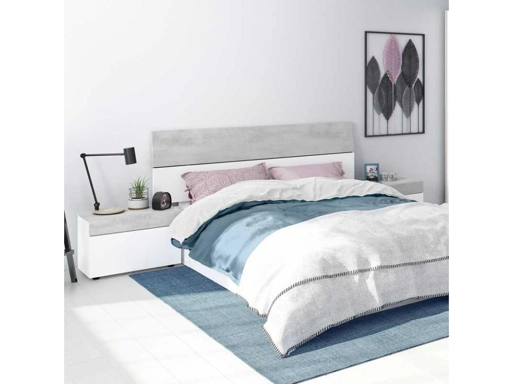 Tête De Lit Avec Chevets Blanc Et Béton Clair - SPARTAN 3 Tête De Lit Avec Chevets Blanc Et Béton Clair - SPARTAN