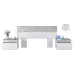 Tête De Lit Avec Chevets Blanc Et Béton Clair - SPARTAN 8 Tête De Lit Avec Chevets Blanc Et Béton Clair - SPARTAN -Sominova Soldes Boutique tete de lit et pont de lit 20002973