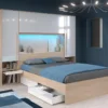 Pont De Lit Avec Rangements - Avec LEDs - L265 Cm - Coloris : Blanc Brillant Et Naturel - VELONA -Sominova Soldes Boutique tete de lit et pont de lit 21022753