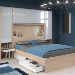 Pont De Lit Avec Rangements - Avec LEDs - L265 Cm - Coloris : Blanc Brillant Et Naturel - VELONA -Sominova Soldes Boutique tete de lit et pont de lit 21022757