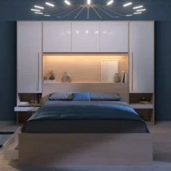 Pont De Lit Avec Rangements - Avec LEDs - L265 Cm - Coloris : Blanc Brillant Et Naturel - VELONA -Sominova Soldes Boutique tete de lit et pont de lit 21022761