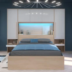Pont De Lit Avec Rangements - Avec LEDs - L265 Cm - Coloris : Blanc Brillant Et Naturel - VELONA -Sominova Soldes Boutique tete de lit et pont de lit 21022763