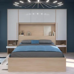 Pont De Lit Avec Rangements - Avec LEDs - L265 Cm - Coloris : Blanc Brillant Et Naturel - VELONA -Sominova Soldes Boutique tete de lit et pont de lit 21022765