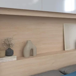 Pont De Lit Avec Rangements - Avec LEDs - L265 Cm - Coloris : Blanc Brillant Et Naturel - VELONA -Sominova Soldes Boutique tete de lit et pont de lit 21022767