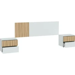 Tête De Lit Doyon, Tête De Lit Avec 2 Tables De Chevet, Ensemble De Chambre à Coucher, 266x34h89 Cm, Blanc Et Chêne