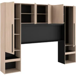 Pont De Lit Avec Rangements - Avec LEDs - L265 Cm - Coloris : Naturel Et Noir - VELONA -Sominova Soldes Boutique tete de lit et pont de lit 4653795
