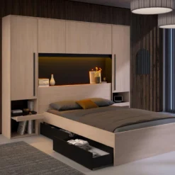 Pont De Lit Avec Rangements - Avec LEDs - L265 Cm - Coloris : Naturel Et Noir - VELONA